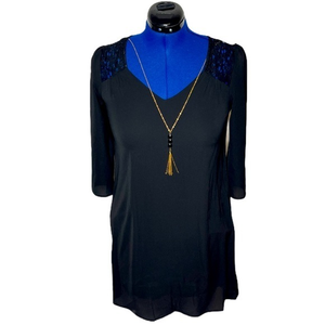 NWT Lily‎ Rose XS black lace shoulder attached necklace A line dress